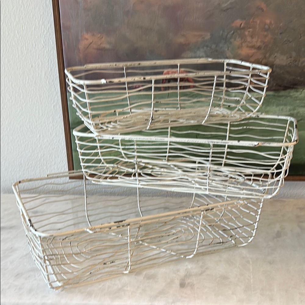 Rustic White Wire Baskets Set of Three